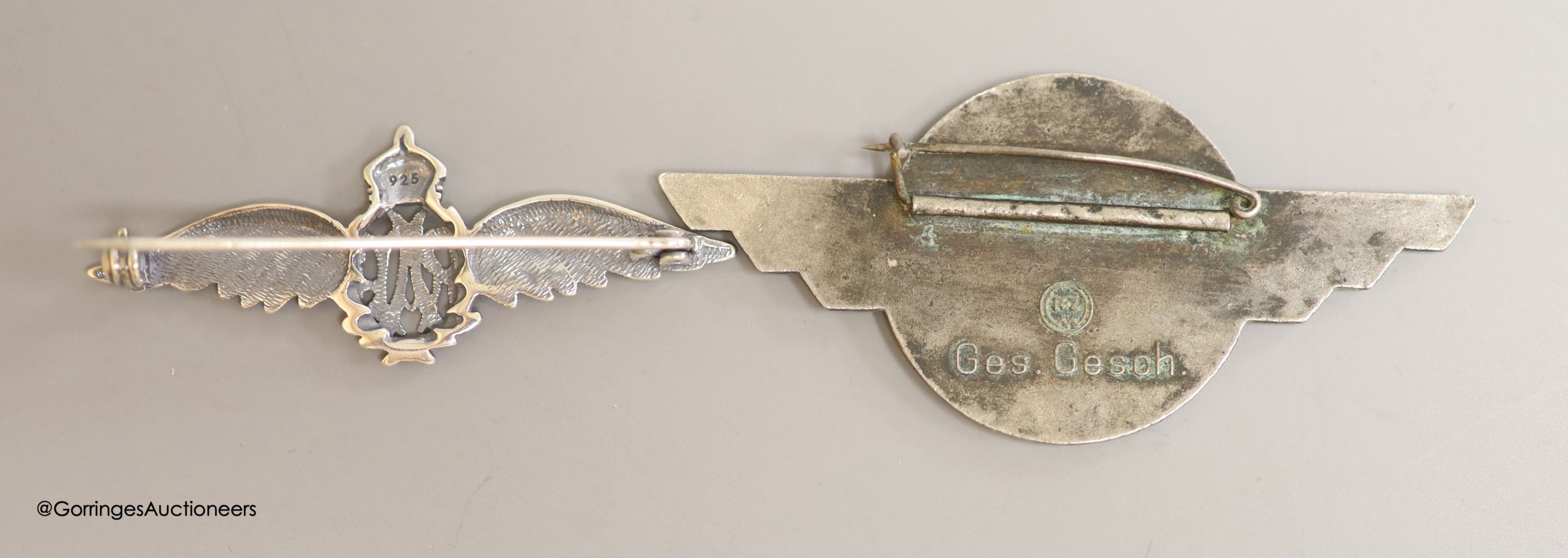 A Third Reich Luftwaffe silver and enamel badge and an RAF brooch